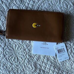 Coach saddle Brown Wallet with Yellow Pac-Man Motif